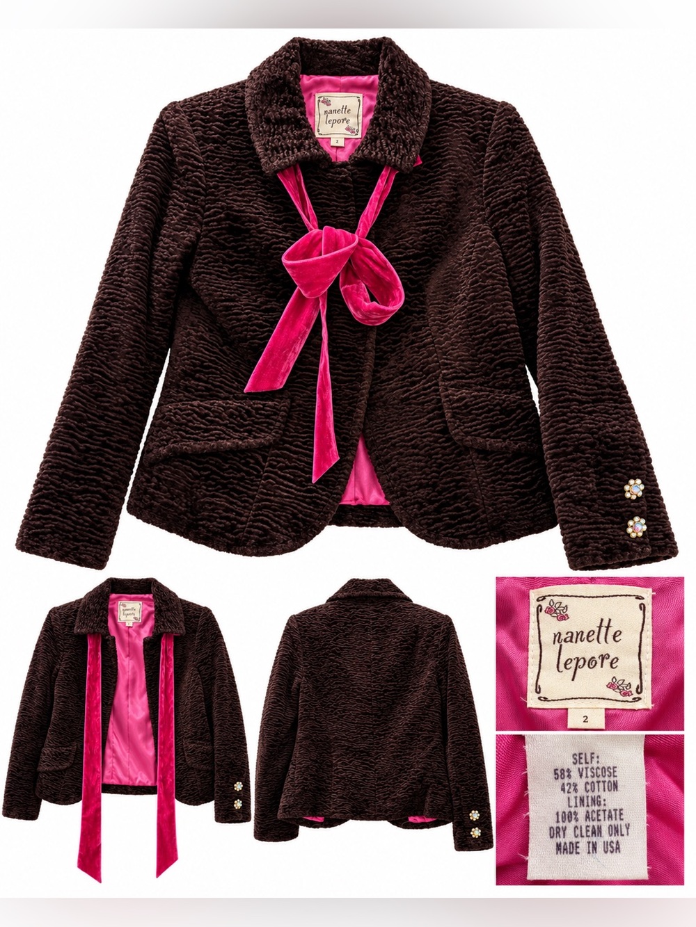Nanette Lepore Size 2 Brown Textured Jacket Pink Velvet Tie Jeweled Cuffs